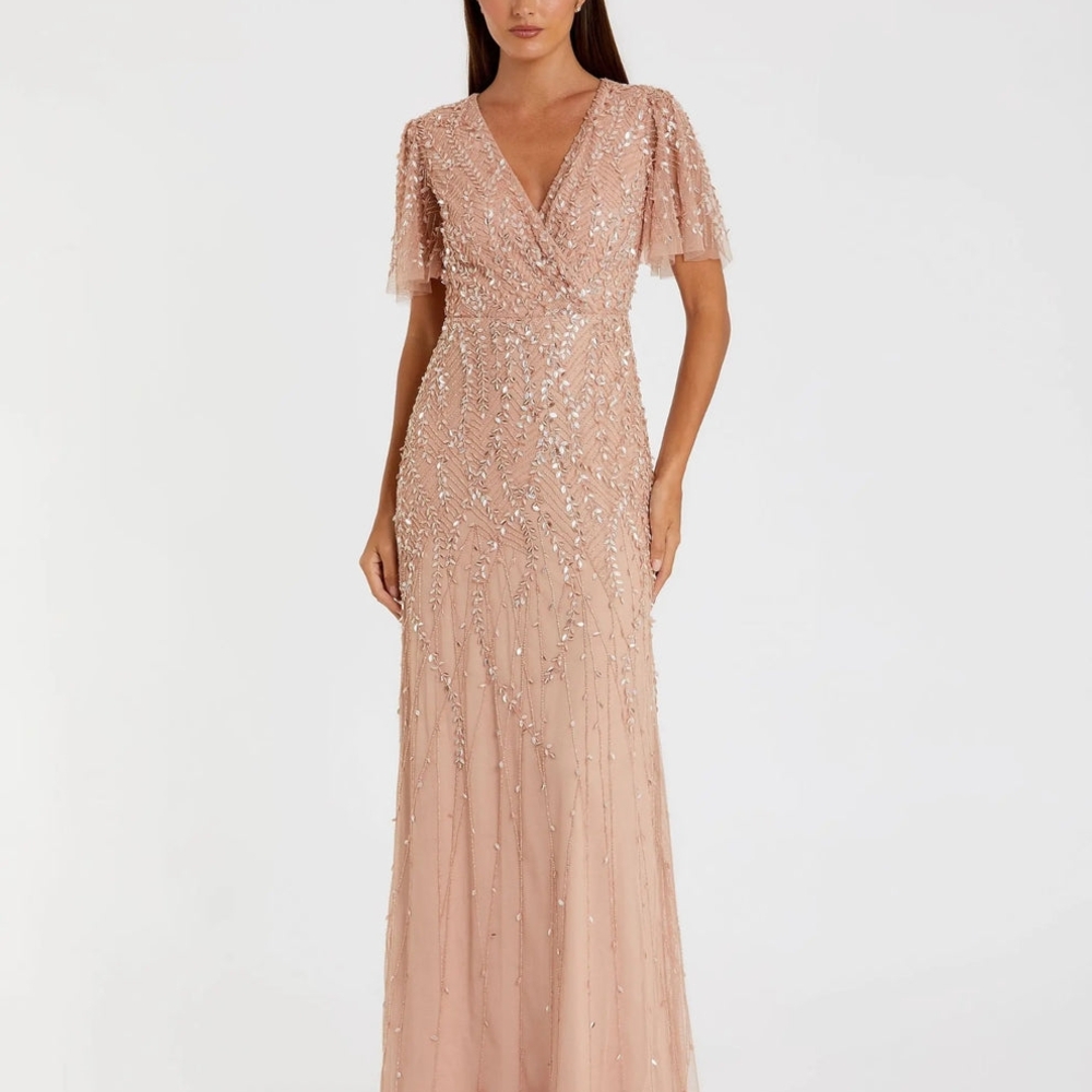 Mac Duggal Pink and Gold Sequin Gown with Flutter Sleeves